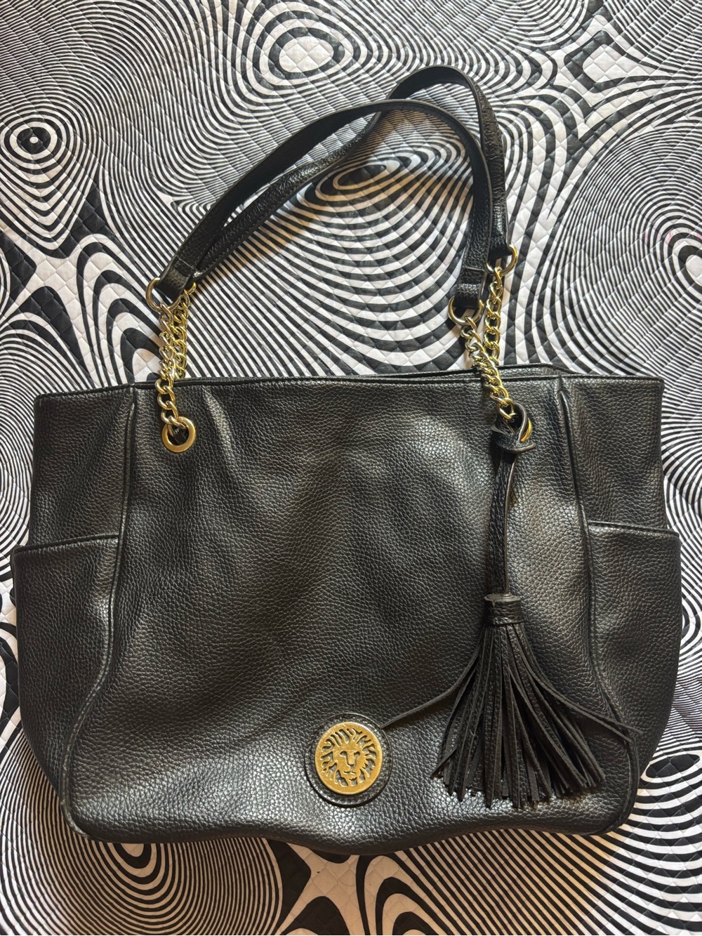 Anne Klein Black Leather Shoulder Tote with Gold Chain Accents